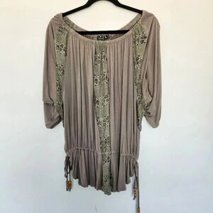 POL Olive Green Lace Rouched Off the Shoulder Top Wooden Beads Size S